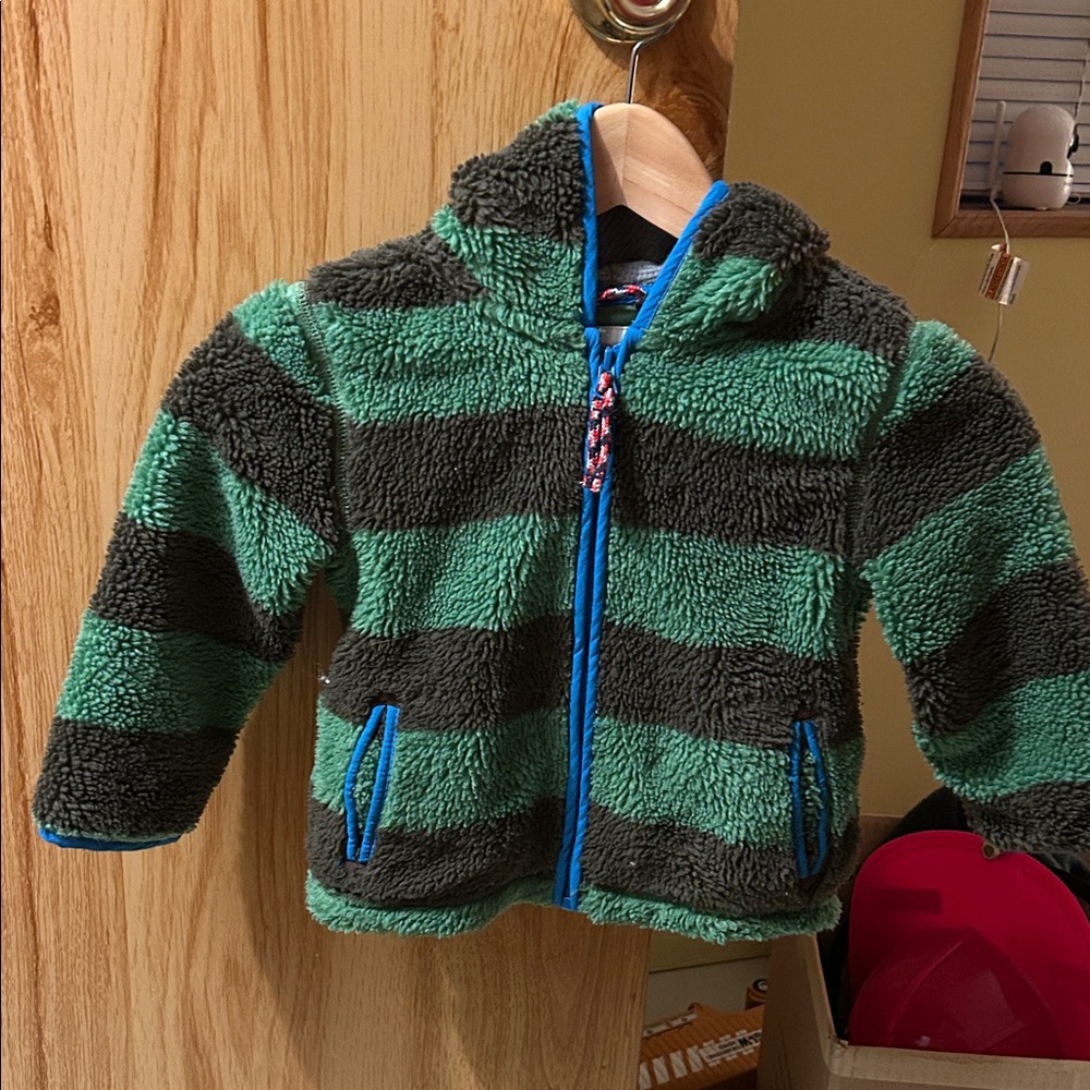 Mini Boden Boys Green Striped Fleece  Full Zip Hoodie Jacket Size 2-3Y